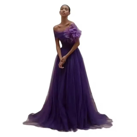 Purple Off Shoulder A-line Prom Dress Pleated Sheath Strapless Tulle vestidos de festa