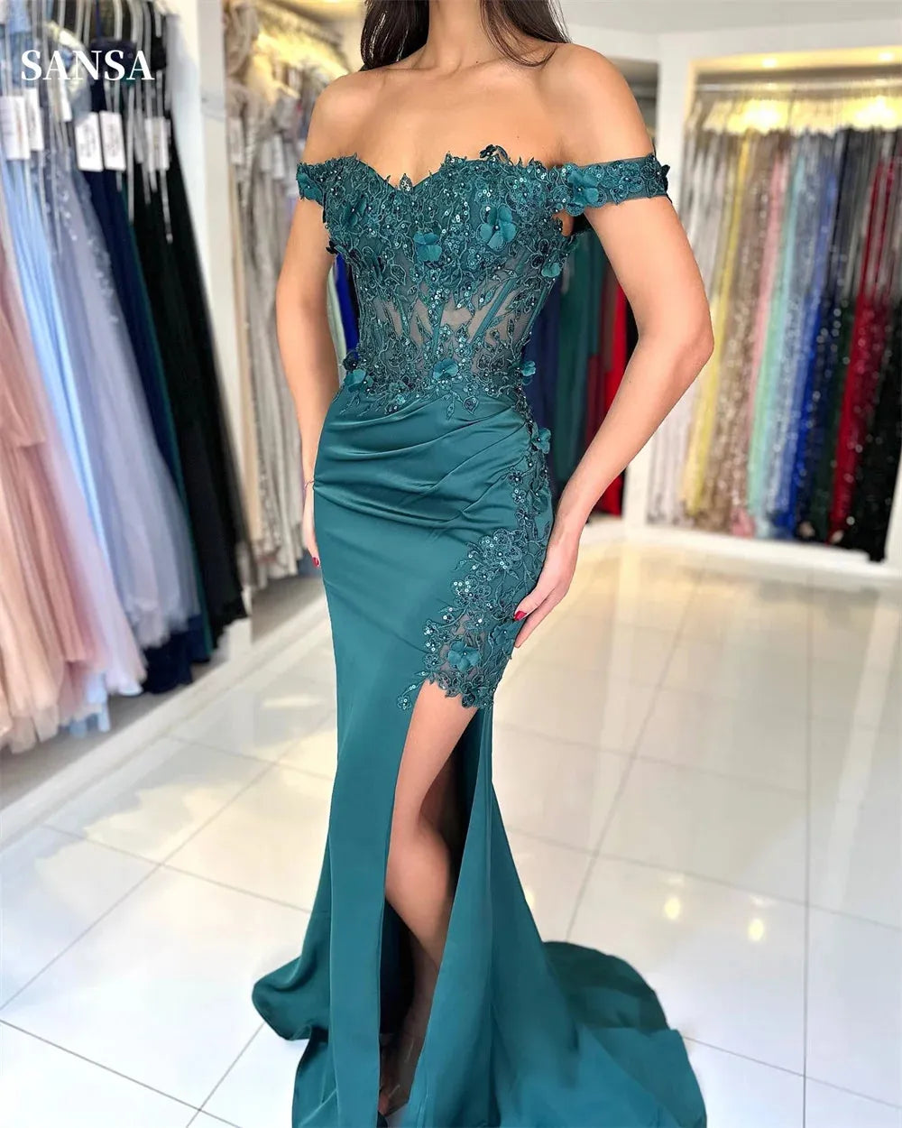 Lace Appliques Satin Prom Dresses Off the Shoulder vestidos de noche Elegant Sleeveless Sexy Side Split Formal Evening Green