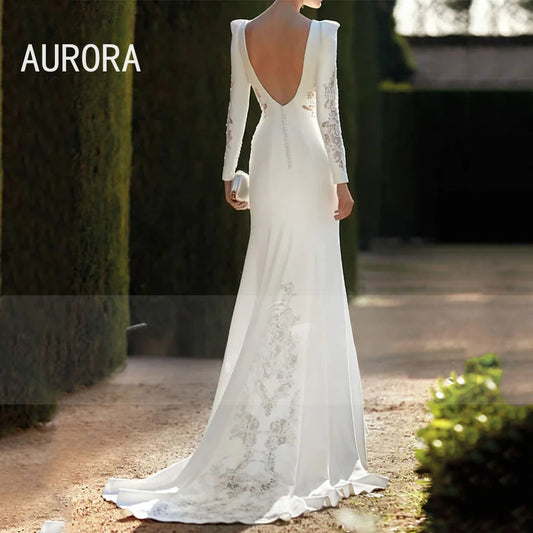 Elegant Backless Mermaid Wedding Dresses Sweep Train Long Sleeve Jewel Neck White Stretch Satin Fabric Bridal Gown