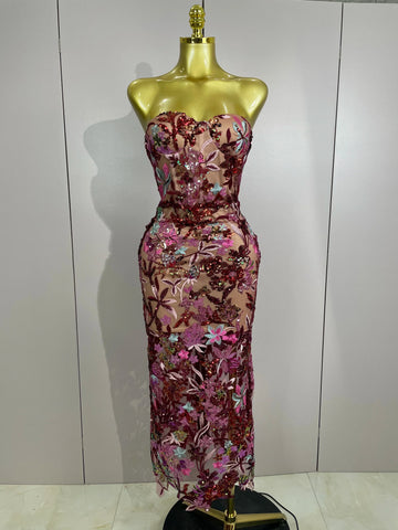 Sexy Strapless Floral Sequin Long Dress Women Sequins Flower Backless Long Slim Dress Evening Party Runway Gown Dress MULTI