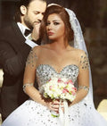 Wedding Dresses Luxury Crystal Bridal Gowns Custom Made Lace Up Beads Sheer Long Sleeves Crystals Backless Floor Length Tulle