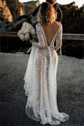 White Glitter Prom Dresses V-neck A-line Wedding Dress Elegant Long Sleeves Floor-Length Backless Vestidos De Fiesta