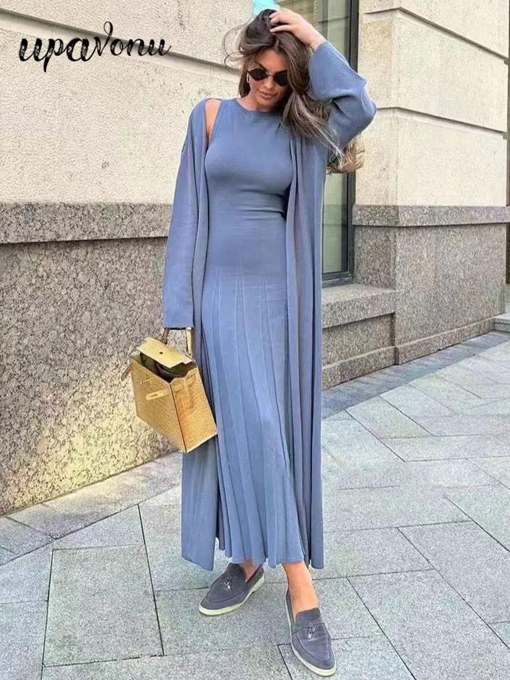 Long Dress Dress And Cardigan Set Women's Teal Tube Bodycon