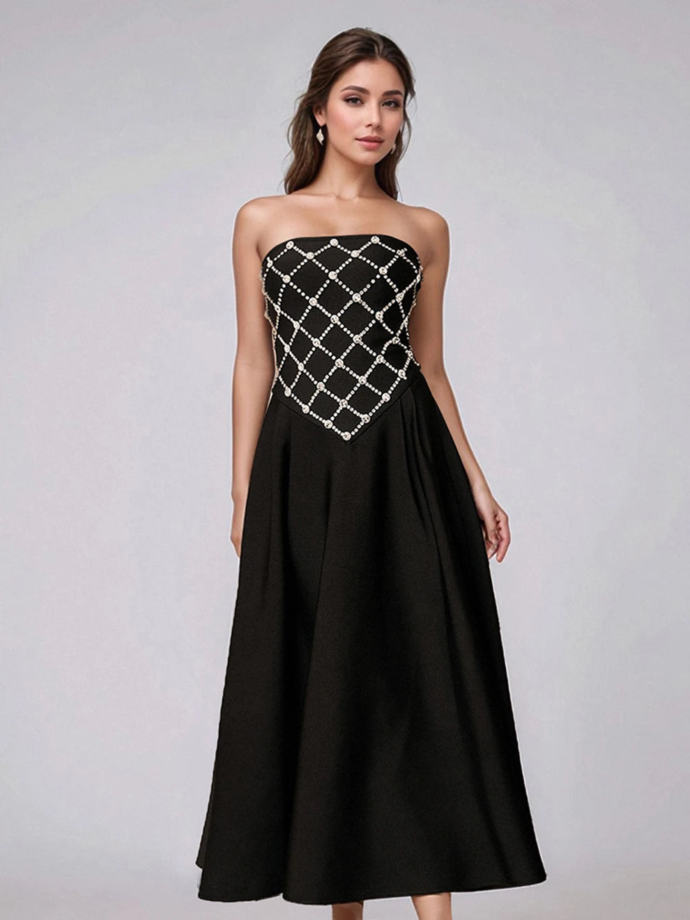Elegant Black Backless Diamond High waist Long Dress Bandage Women's Sexy Strapless Sleeveless Evening Festival Party Gowns