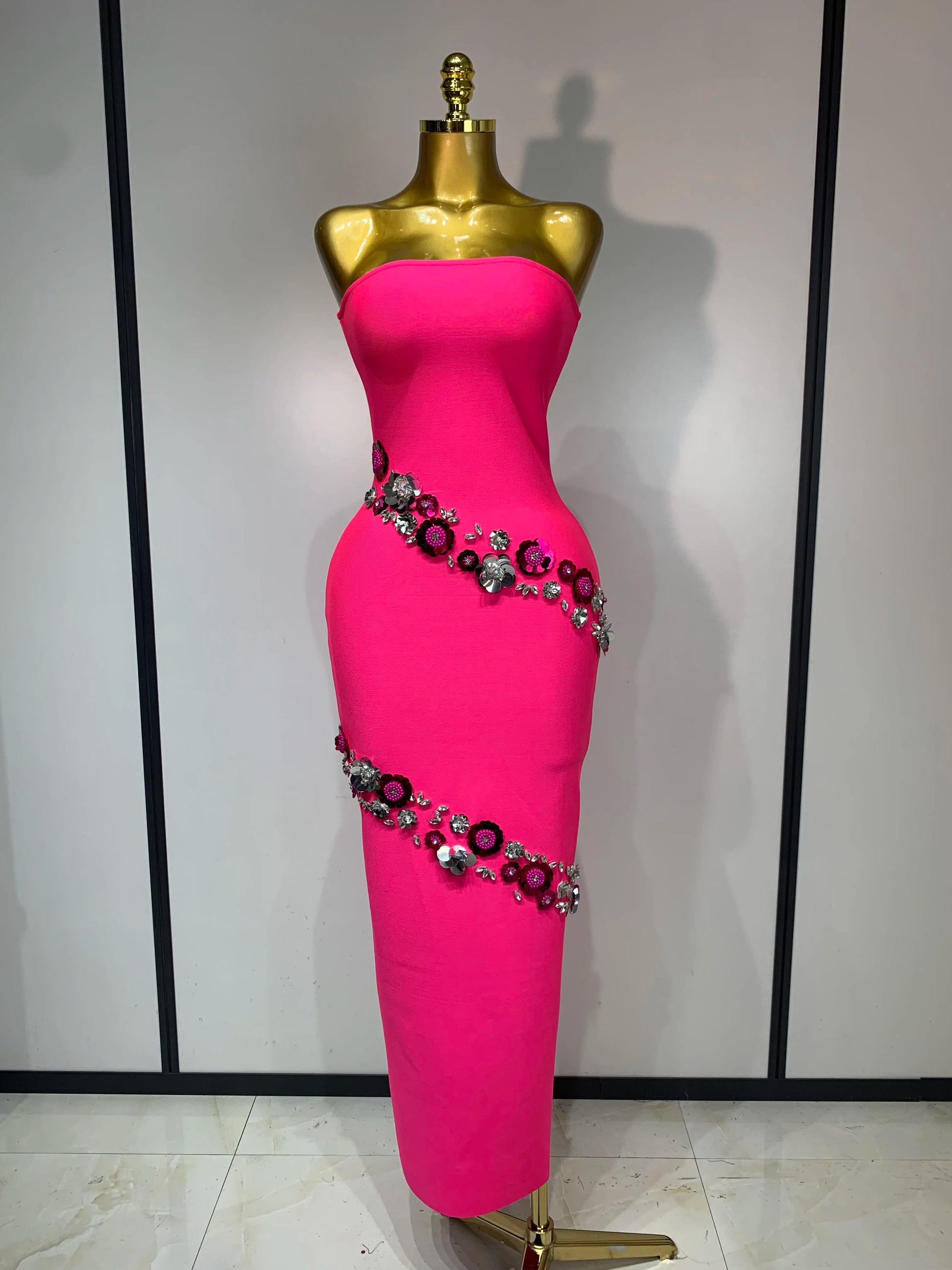 Sexy Fashion Elegant Strapless Beading Bodycon Long Dress Women Club Birthday Evening Party Slim Celebrity Elegangt Dresses Rose Red