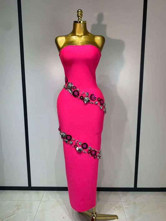 Sexy Fashion Elegant Strapless Beading Bodycon Long Dress Women Club Birthday Evening Party Slim Celebrity Elegangt Dresses Rose Red