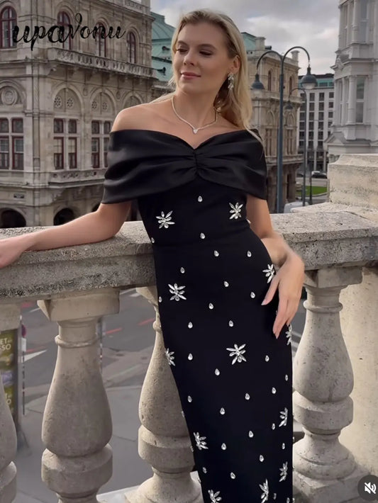 2024 Sexy Women's Water Diamond Design Bandage Dress with One Collar Shoulder Sleeve Bodycon Long Dress Evening Party Vestidos