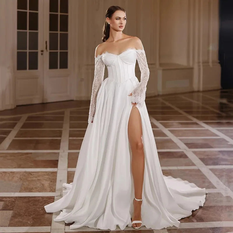 Elegant A-Line Wedding Dresses Women Sweetheart Side Slit Bridal Dress Boho Beach Wedding Prom Ball Gowns Customized Beige