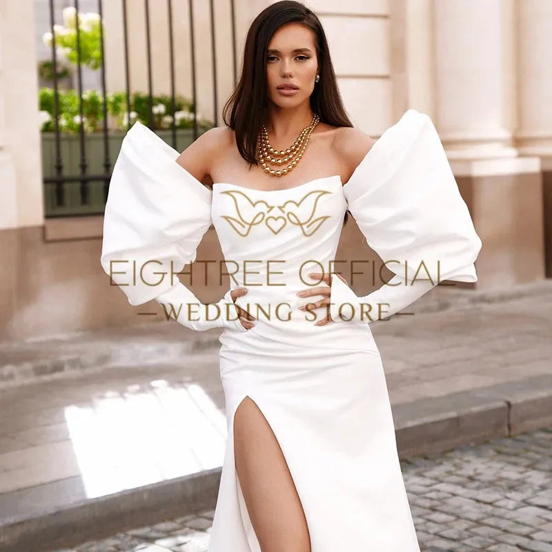 White Mermaid Wedding Dresses Strapless Long Sleeve Side Slit Bride Dress Boho Beach Wedding Prom Gown Custom Size