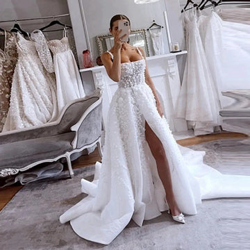 Luxury Women's Elegant Wedding Dresses 3D Decal Lace A-line Side Split Sexy Sleeveless Princess Bridal Gown Spaghetti Strap Beige