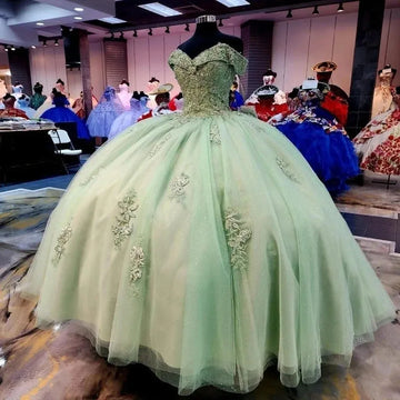 Glittering Sage Green Quinceanera Dress Off-Shoulder Beading Lace Appliques Vestidos De 15 Anos Princess Party Prom Green