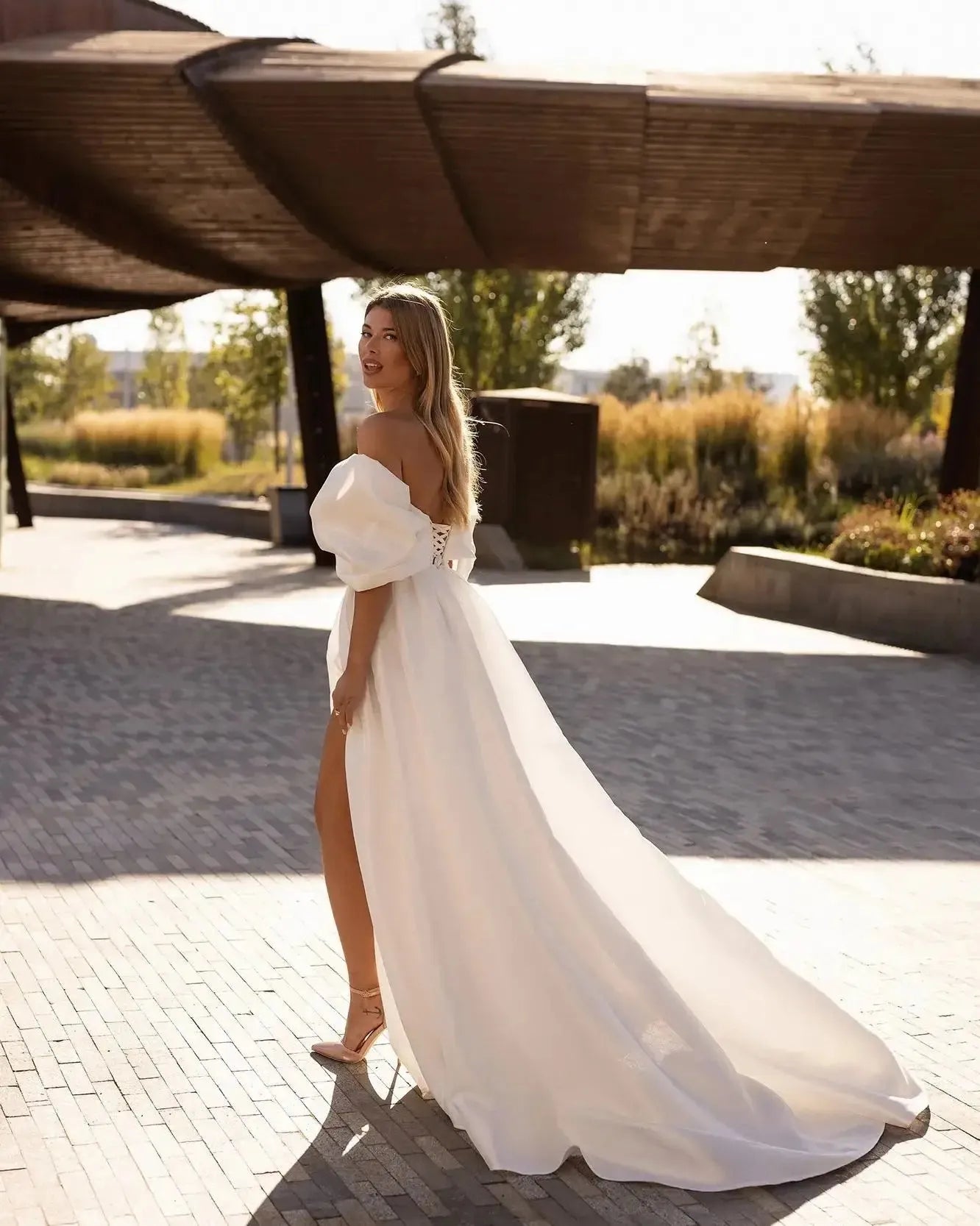 Elegant Off the Shoulder Side Slit Satin Bridal Dress Sexy Bow Sweetheart A-Line Long Wedding Dresses Vestido De Novia