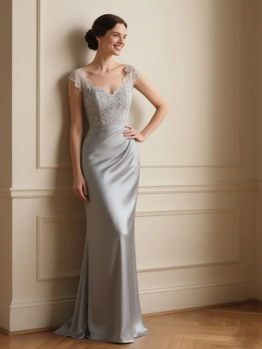 Mother Of The Bride Gown - Sexy Vintage Mermaid Mother of the Bride Dress Sweep Train V Neck Cap Sleeve Satin Formal Evening Prom Gown 2025 Free Customized