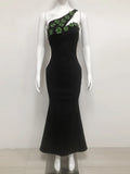 Shining Diamond Women Long Dresses Fashion One Shoulder Sleeveless Bandage Vestidos Female Bodycon Evening Cocktail Party Gowns