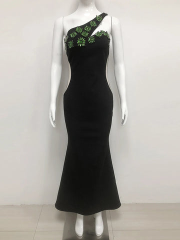 Shining Diamond Women Long Dresses Fashion One Shoulder Sleeveless Bandage Vestidos Female Bodycon Evening Cocktail Party Gowns