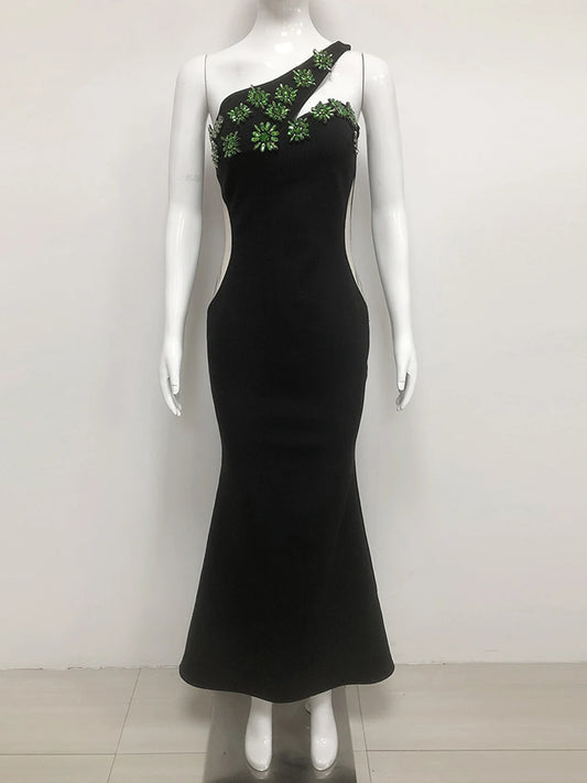 Shining Diamond Women Long Dresses Fashion One Shoulder Sleeveless Bandage Vestidos Female Bodycon Evening Cocktail Party Gowns