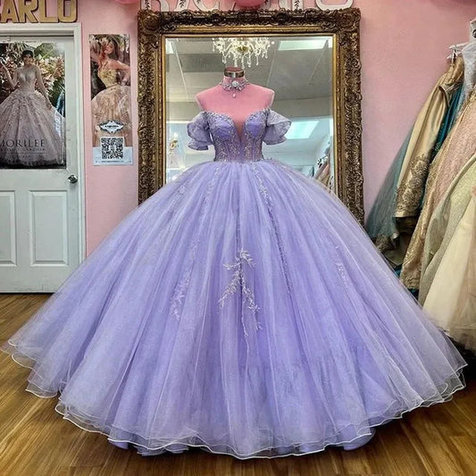 Lavender Ball Gown Quinceanera Dresses Beading Crystal Lace Cinderella Princess Vestidos De 15 Anos Birthday Party Purple