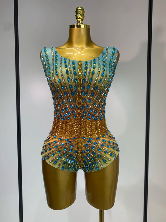Shining Rhinestones Bodysuit Women's Birthday Celebrate Evening Party Outfit DS Bar Show Wear Singer Dancer Performance Costume MULTI