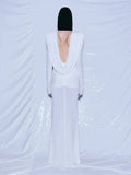 Elegant Solid Draped V-neck Long sleeves Maxi Dress Women White Sexy Backless Backless Evening Party Wedding Gowns Female