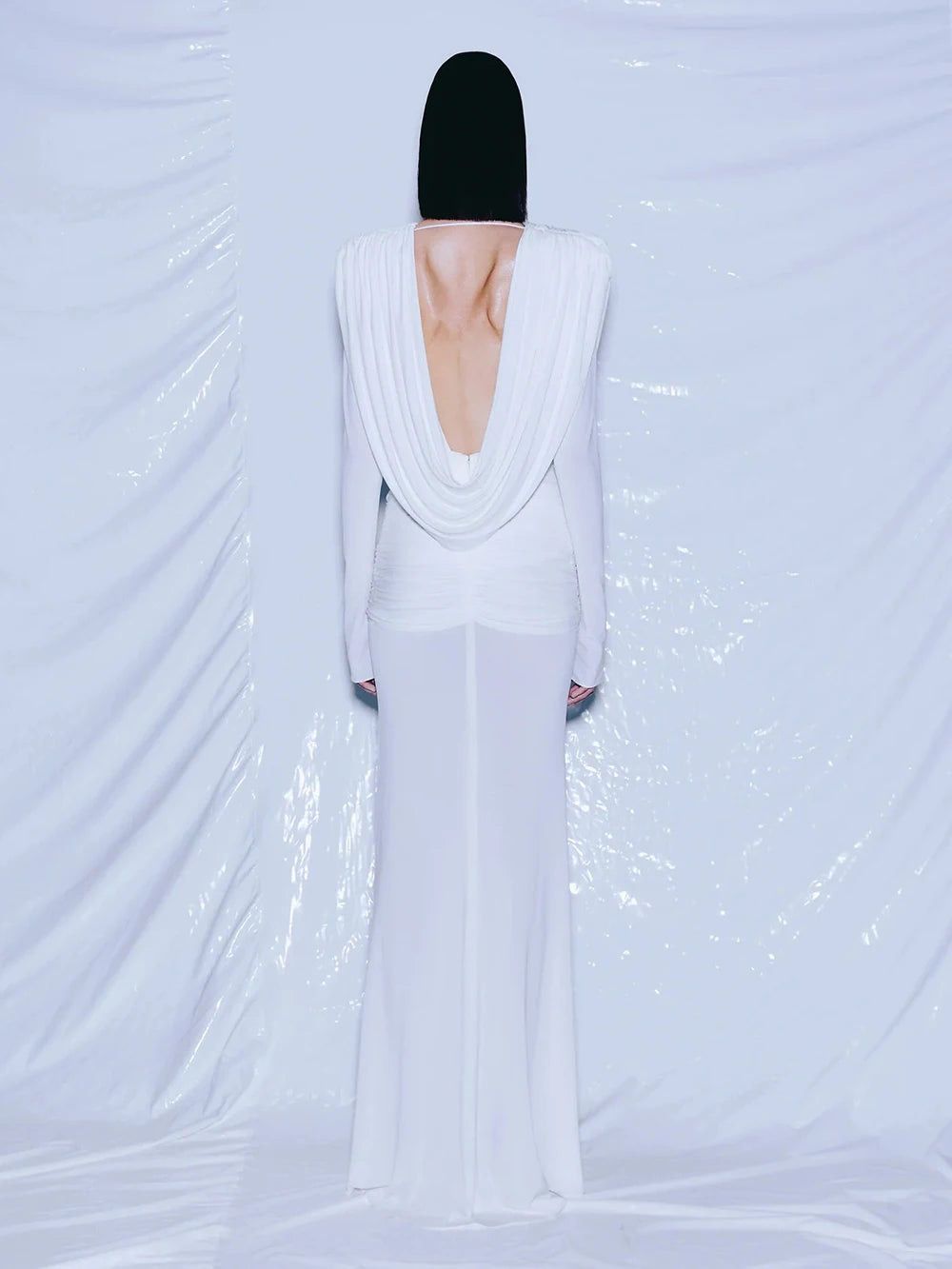Elegant Solid Draped V-neck Long sleeves Maxi Dress Women White Sexy Backless Backless Evening Party Wedding Gowns Female