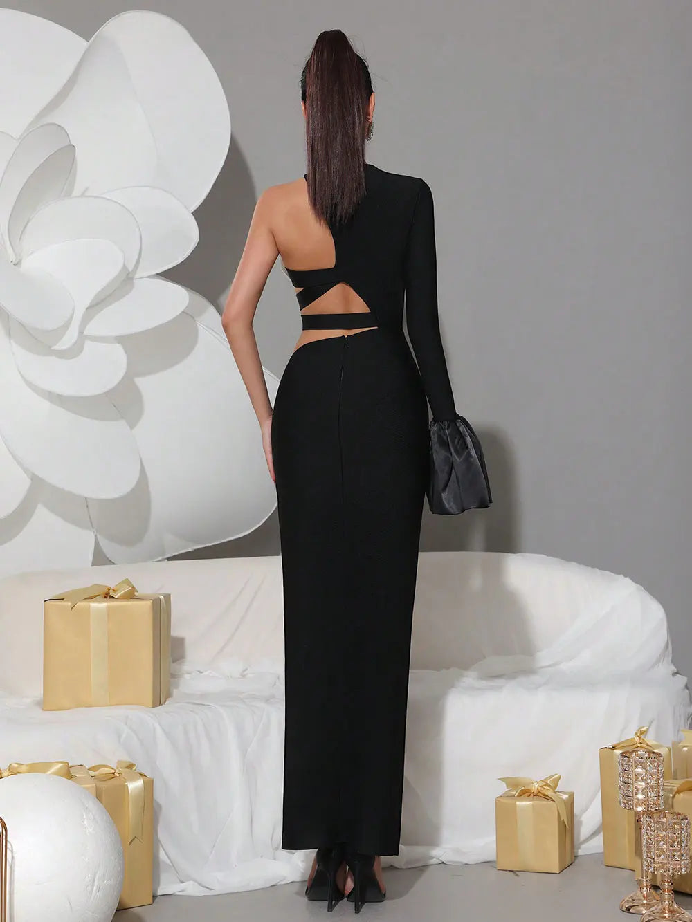 2025 Sexy Women's Bandage Dress O-neck Single Shoulder Trumpet Sleeve Fashion Hollow Flower Design Bodycon Party Long Dresses