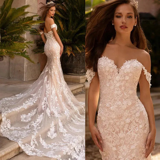 Sexy Mermaid Lace Wedding Dresses Sweetheart Off The Shoulder Bride Gowns With Train Backless Button Robe De Mariée White