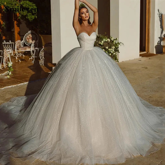 Elegant Wedding Dresses Luxury Off Shoulder Detachable Fluffy Sleeves Beautiful Court Train Princess Mopping Bridal Gown 2023