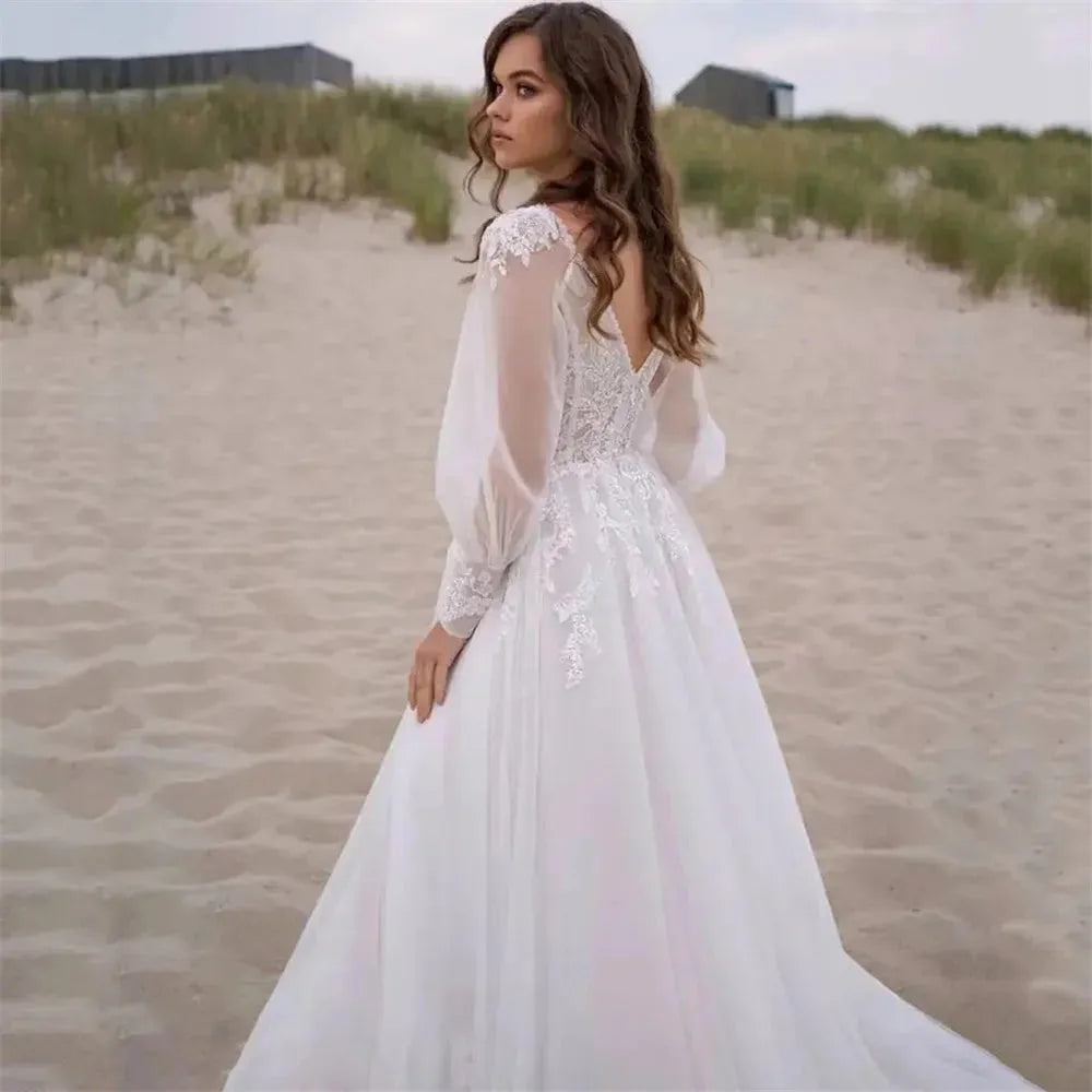Bella White Tulle Prom Dresses Lace Embroidery A-line Wedding Dress Elegant Long Sleeves Floor-Length Vestidos De Fiesta