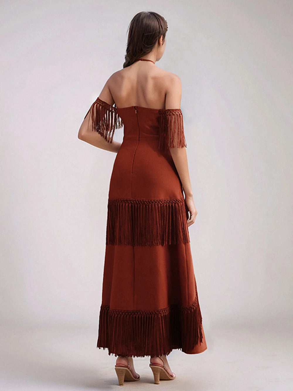 Elegant Bandage Tassels Dress Women Sexy Halter Backless Sleeveless Hollow Out Vestidos Female 2025 Fashion Evening Party Robe