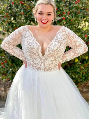 Plus Size Long Sleeve Lace Wedding Dress Long Tulle V neck Bride Dresses Bridal Gown Robe De Mariée Vestidos De Novia