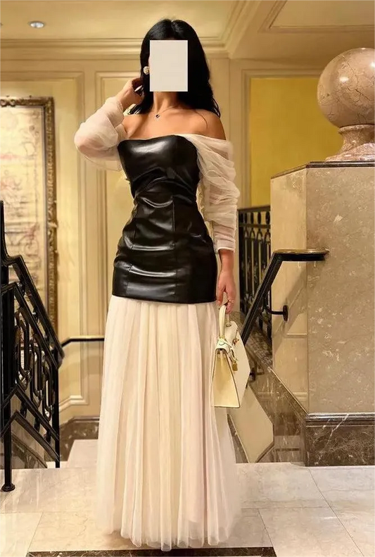 Elegant Saudi Ivory Black Prom Dress Tulle A-Line Off The Shoulder Ruched Formal Evening Dress Floor Length Party Gown