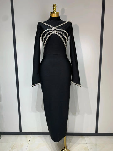High Quality Women Long Sleeve Shinning Crystal Bodycon Long Bandage Dress Celebirty Elegant Evening Party Luxury Birthday Dress black
