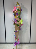 Sparkly Rhinestones 3D Flower Mesh Transparent Jumpsut Women Sexy Evening Party Birthday Nightclub Performance Stage Costume