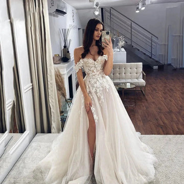 Luxurious Boho Off Shoulder Mopping Wedding Dresses Sweetheart Lace Beautiful Bridal Gowns Side Split Corset Sleeveless New White