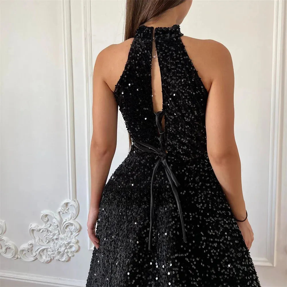 Black Knee-Length Glitter High Neck A-line Prom Dresses Elegant Sleeveless Shiny Sequins Formal Evening
