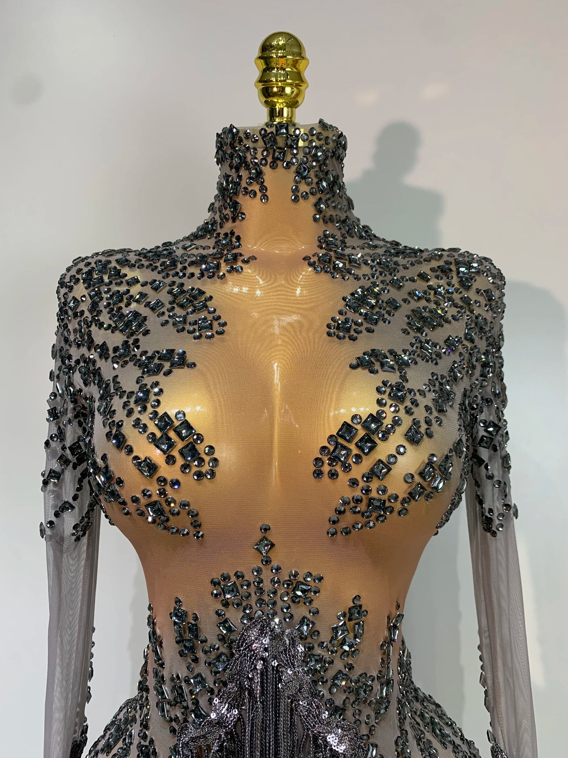 Women Sexy Long Sleeve Diamond Tassel Dress Nightclub Performance Stage Costume Celebrity Evening Party Luxury Birthday Dress