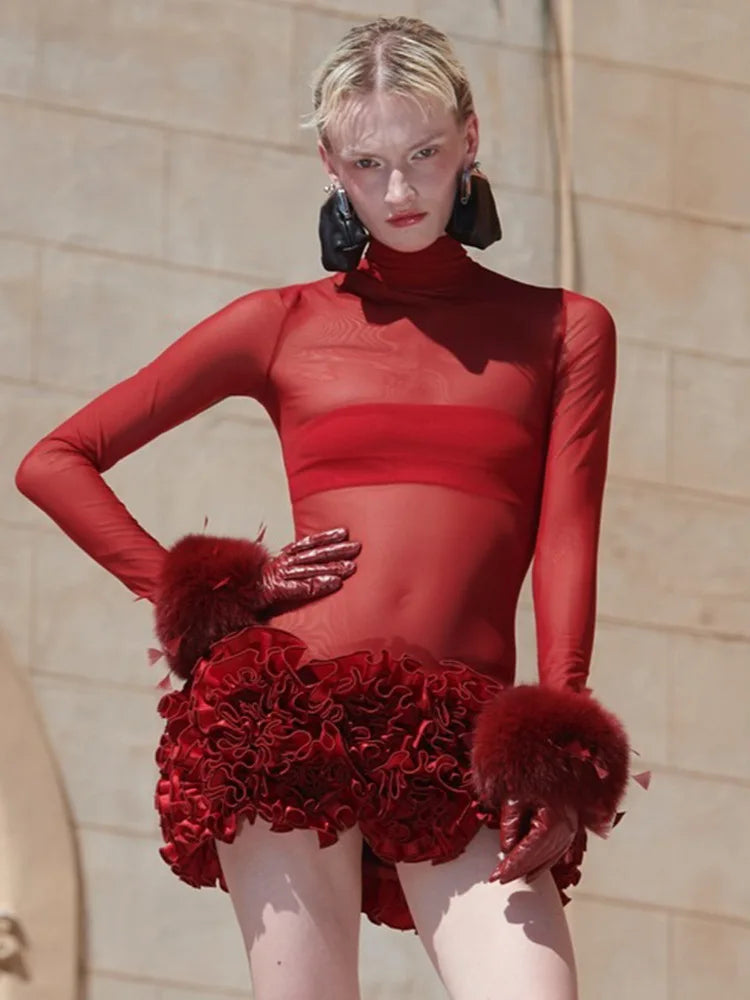 Red Color Women Long Sleeve Sexy Mesh See Through Florals Ball Gown Mi