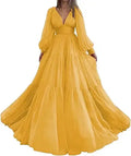 Long Puff Sleeves Prom Dresses V-Neck Pleats Chiffon Princess Evening Gowns Women Party Dress Plus Size