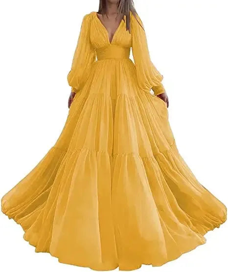 Long Puff Sleeves Prom Dresses V-Neck Pleats Chiffon Princess Evening Gowns Women Party Dress Plus Size