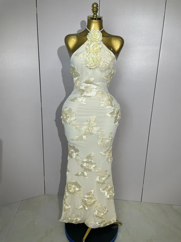 Sexy Halter High Waist Slim Embroidery Floral Long Dress Women Celebrate Evening Party Prom Fashion Cocktail Outfit Lemon yellow