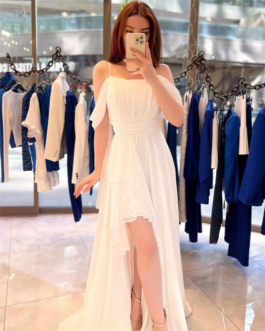 Elegant Chiffon Evening Dresses Spaghetti Strap Off The Shoulder Pleat Ruched Middle Slit Prom Dresses for women White