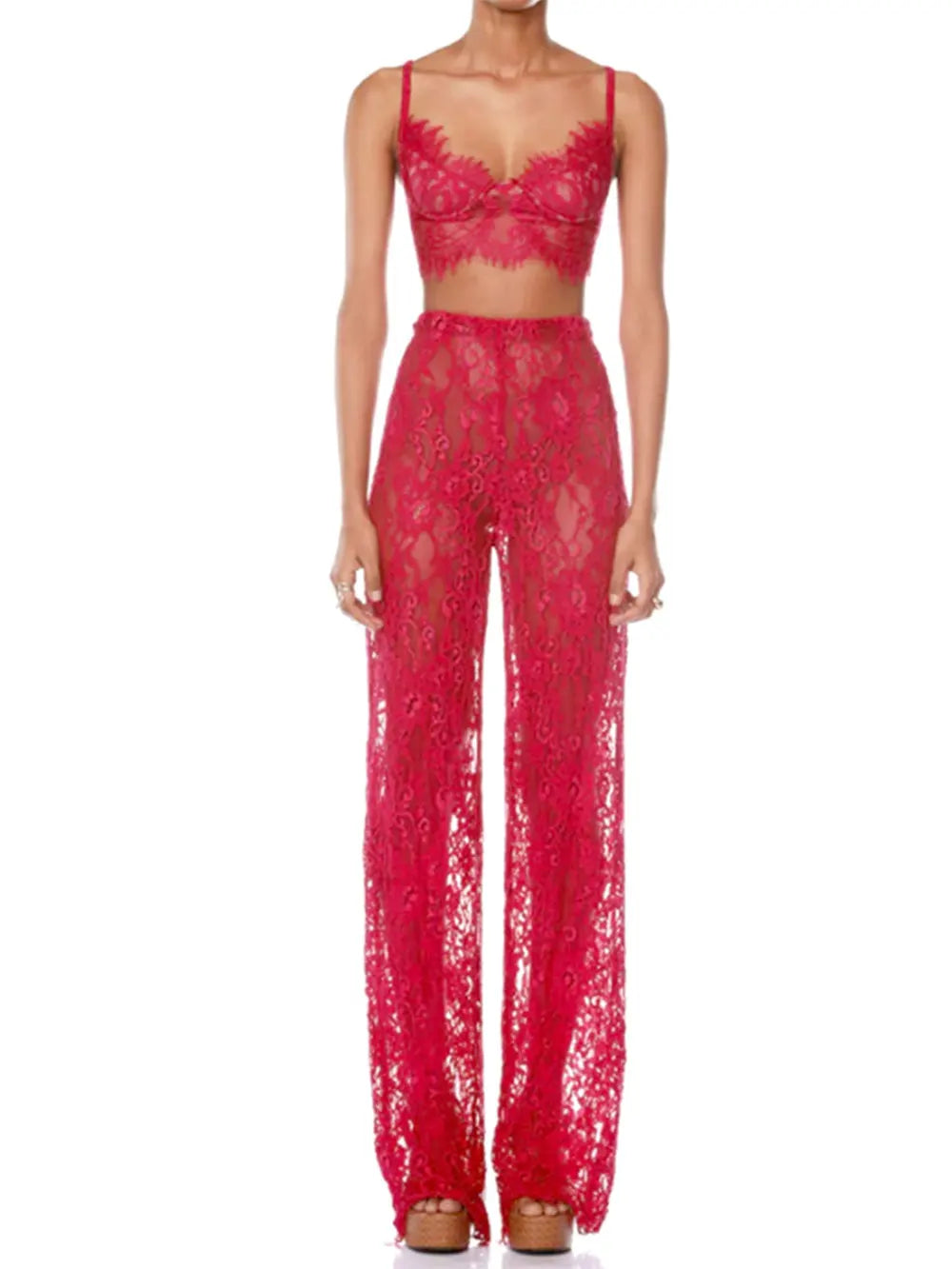 Sexy Women'S Lace Pants Set Spaghetti Strap Sleeveless Backless Ultra