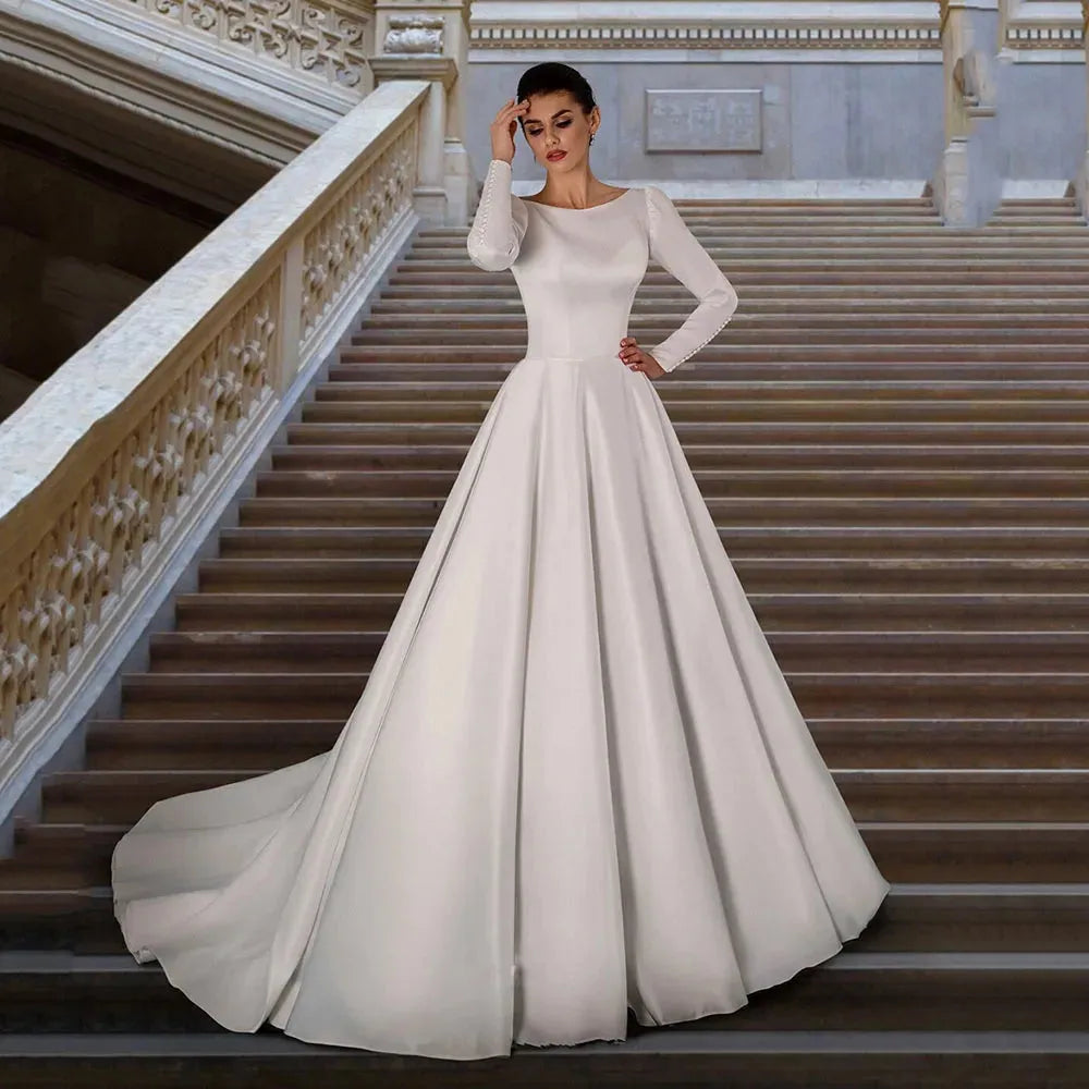 Elegant Satin Wedding Dress Long Sleeves Modest Bride Dress Muslim But