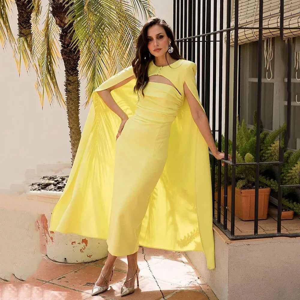 Yellow Mermaid Evening Dress With Cape Satin Special Occasion Dress Pr