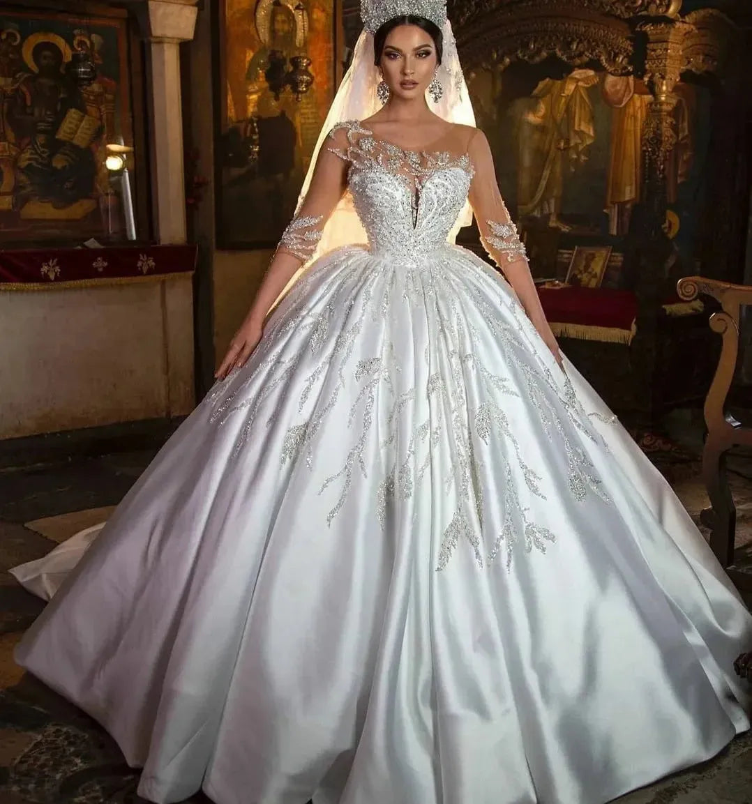 Elegant luxurious wedding dress simple sexy crew neck seven point sleeves fashion floor length elegant ladies bridal party dress As Picture