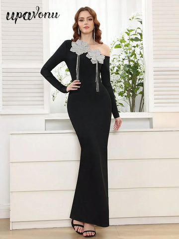 2025 Women's Light Luxury Water Diamond Flower Design Bandage Dress with Diagonal Collar Long Sleeve Bodycon Black Long Dresses