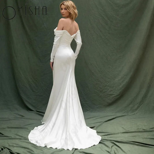 OYISHA Satin Mermaid Wedding Dresses Simple Boat Neck Off The Shoulder Bridal Gowns For Woman Backless White Vestido De Mariages