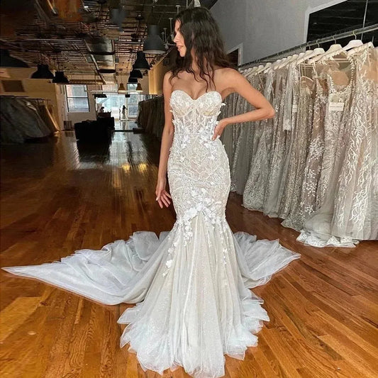Boho Wedding Dresses Crystal Sweetheart Sleeveless Mermaid Lace Appliques Wedding Gown Sweetheart Bridal Gown Ivory