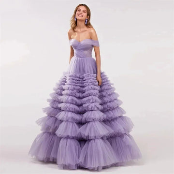 Lavender Off the Shoulder Tulle Vestidos De Noche Elegant Sleeveless Multilayer A-line Prom Dresses