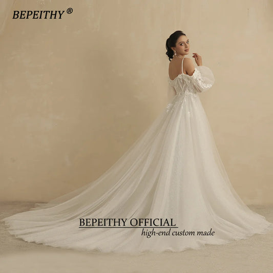 BEPEITHY Sweetheart Glitter A Line Wedding Dress For Women 2022 Bride Detachable Full Sleeves Elegant Bridal Party Gown Luxury